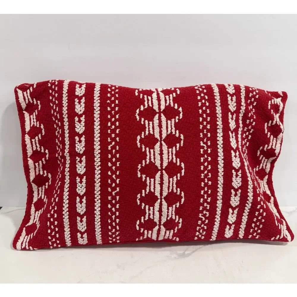 Crate & Barrel Noelle Red Knit Lumbar Pillow Cover 21x14 Hearts Scandi Winter